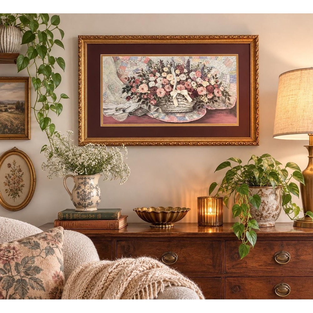 VTG 90s Floral Basket Print Gold Ornate Cottagecore Wall Art Grandma pink maroon